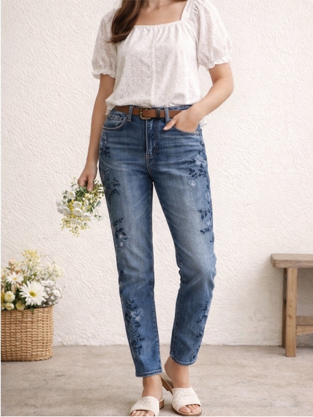DRIFTWOOD Audrey High Rise Jeans Blue Floral & Bird Embroidery